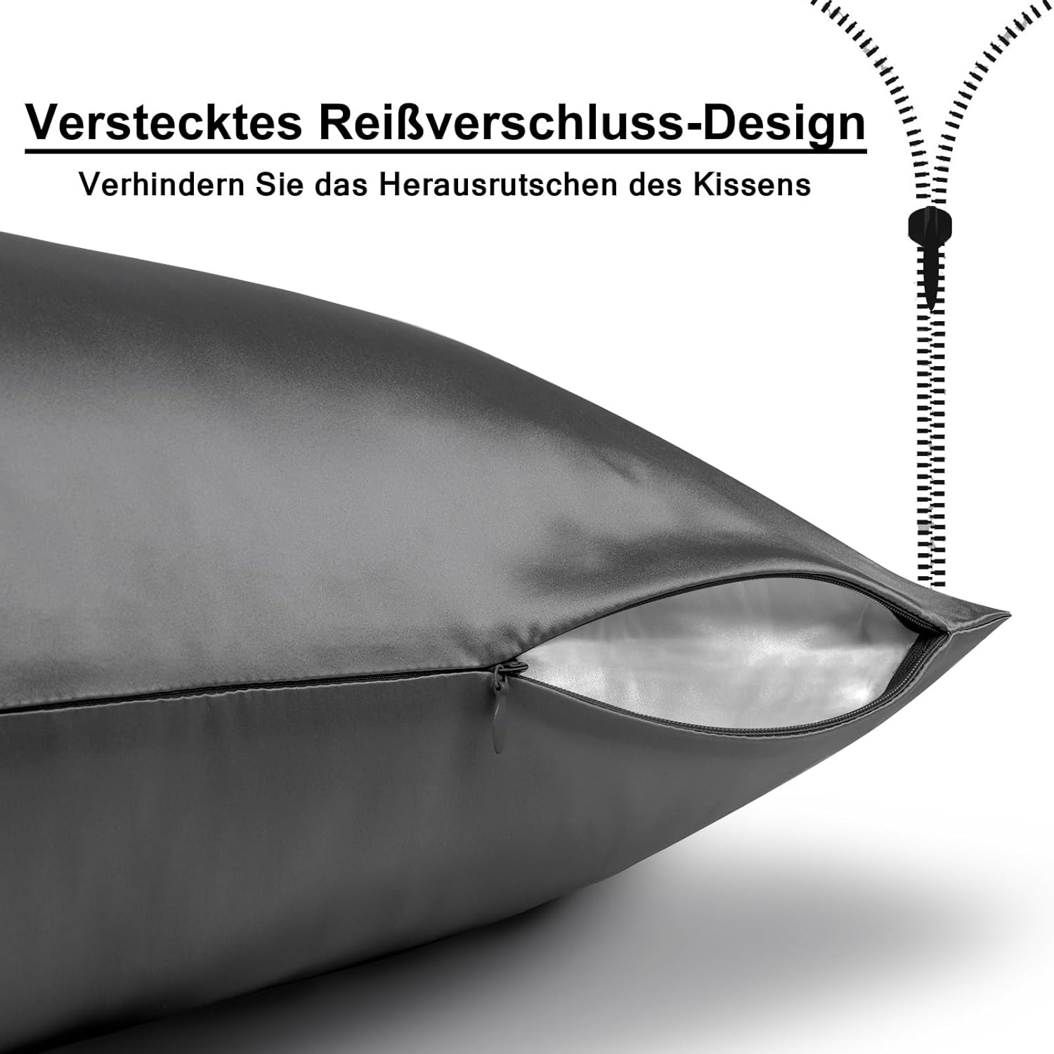 Detalle 2 de SeidenKissenbezug Ravmix 40x60 aus Maulbeerseide mit verstecktem Reißverschluss (Anthrazit) – 1 Stück