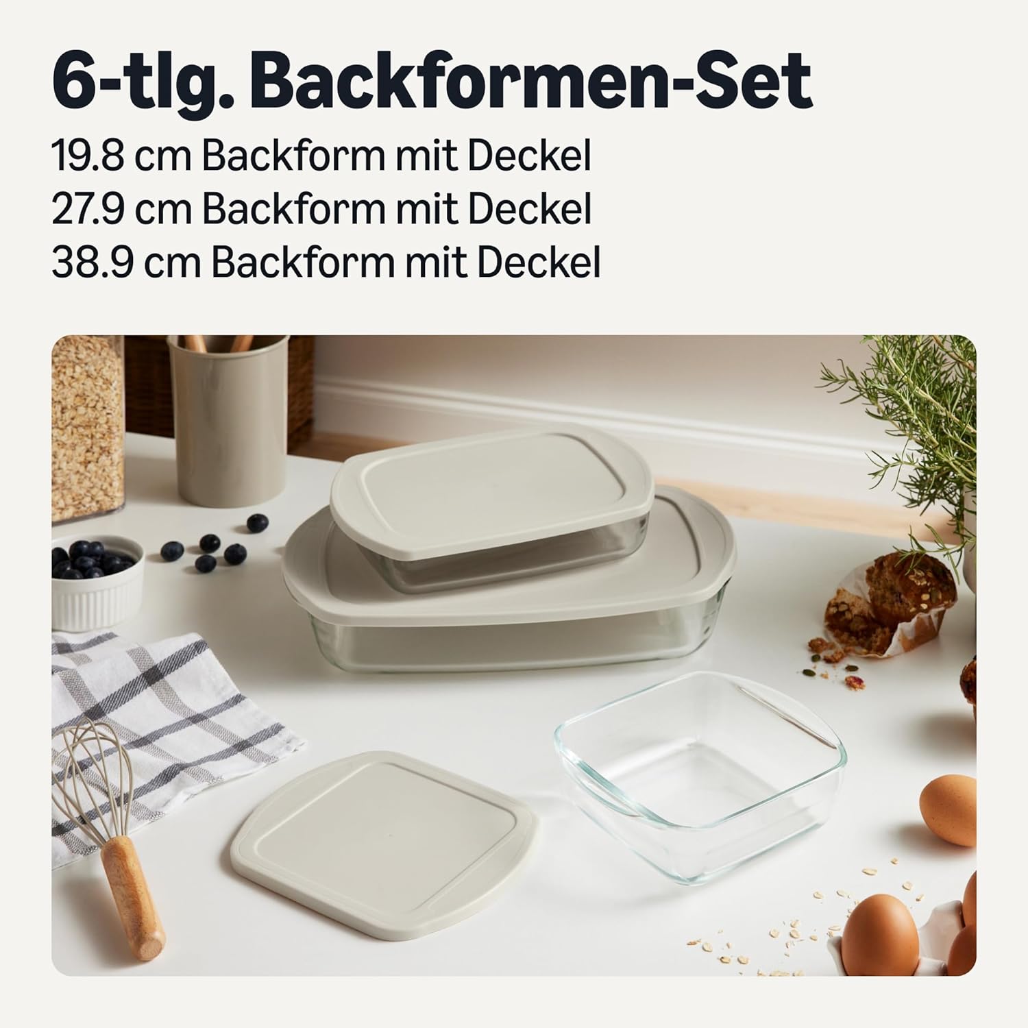 Detalle 2 de Amazon Basics Glas-Backformen-Set mit BPA-freien Deckeln – 6-teiliges Borosilikatglas-Backset