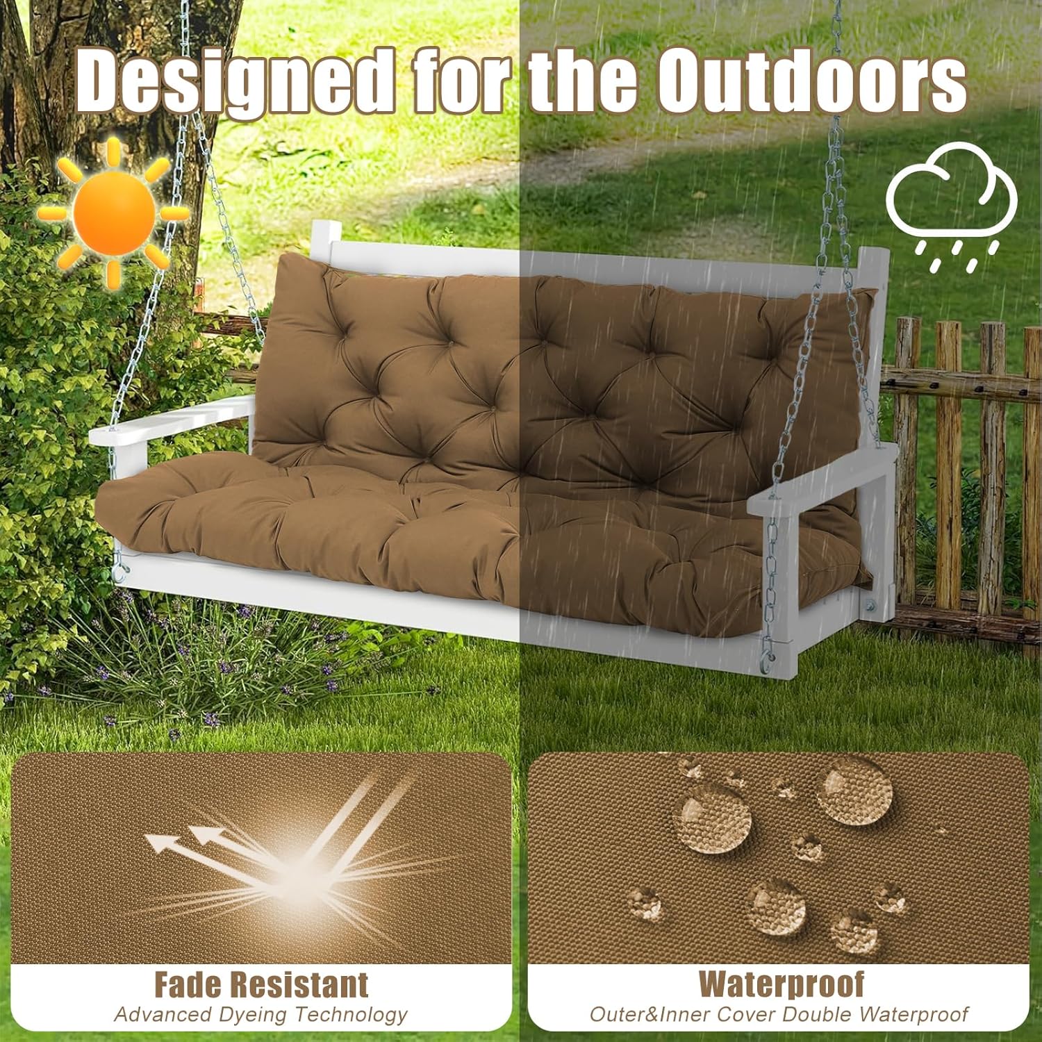 Thumbnail 2 de Amdieu Garden Swing Cushions 3 Seater Waterproof Bench Cushion Set (Brown, 12cm thick)