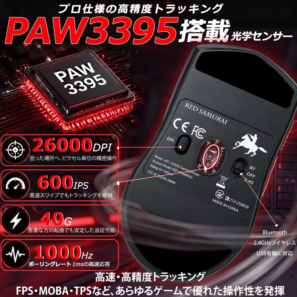 Detalle de RED SAMURAI RED-WGMMS02-BK ゲーミングマウス 51g・PAW3395・3モード接続