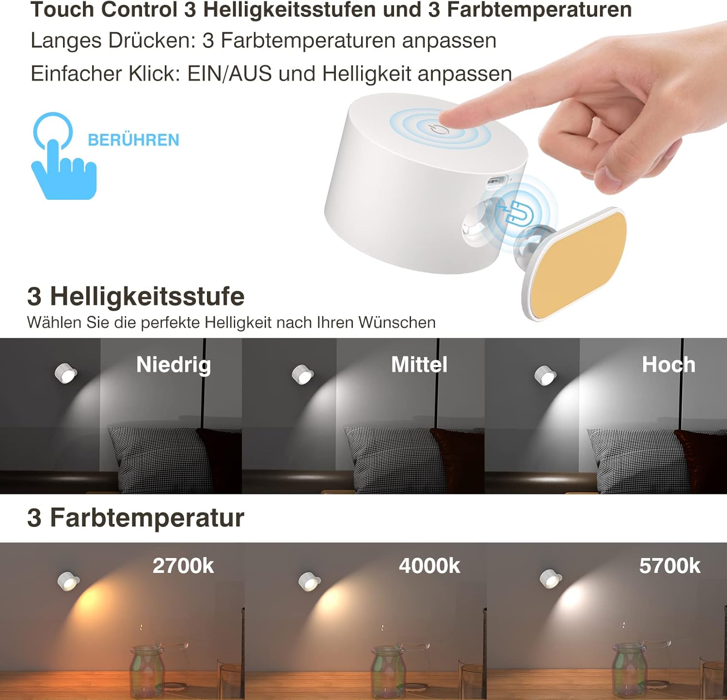 Thumbnail 2 de Feallive LED Wandlampe, 3 Helligkeitsstufen ⚙
