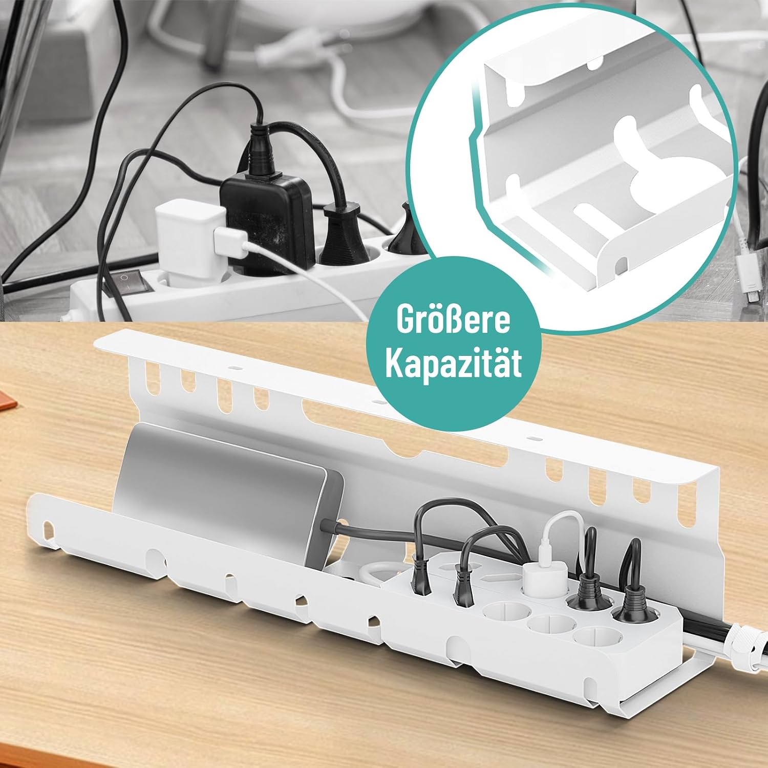Detalle de Kabelkanal für den Schreibtisch (ohne Bohren), 2er-Set in Weiß – Kabelmanagement zum Verlegen und Verdecken von Kabeln