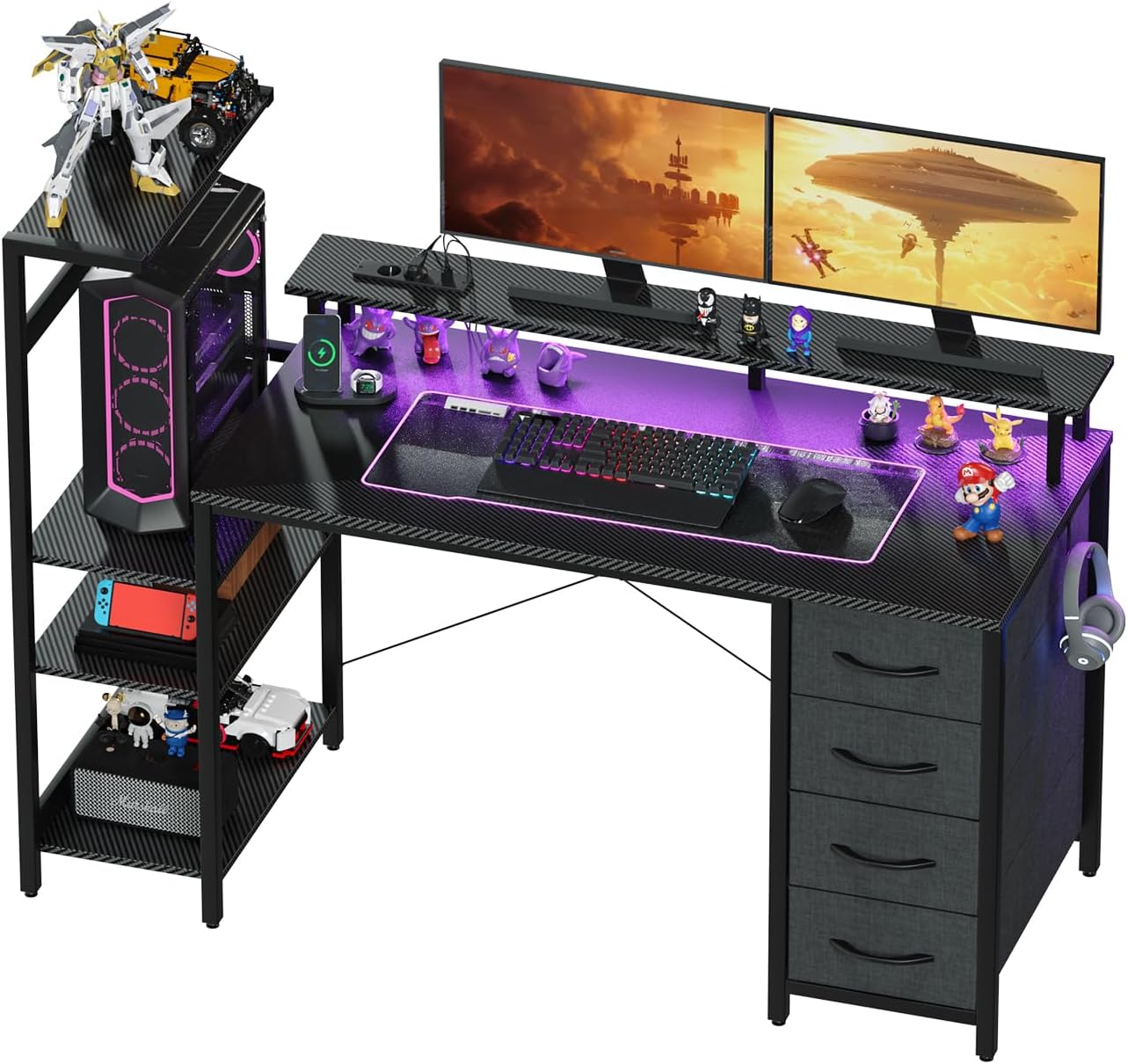 Detalle de YOUDENOVA Scrivania da gioco 130 x 50 cm con LED, prese e cassetti in fibra di carbonio, nero