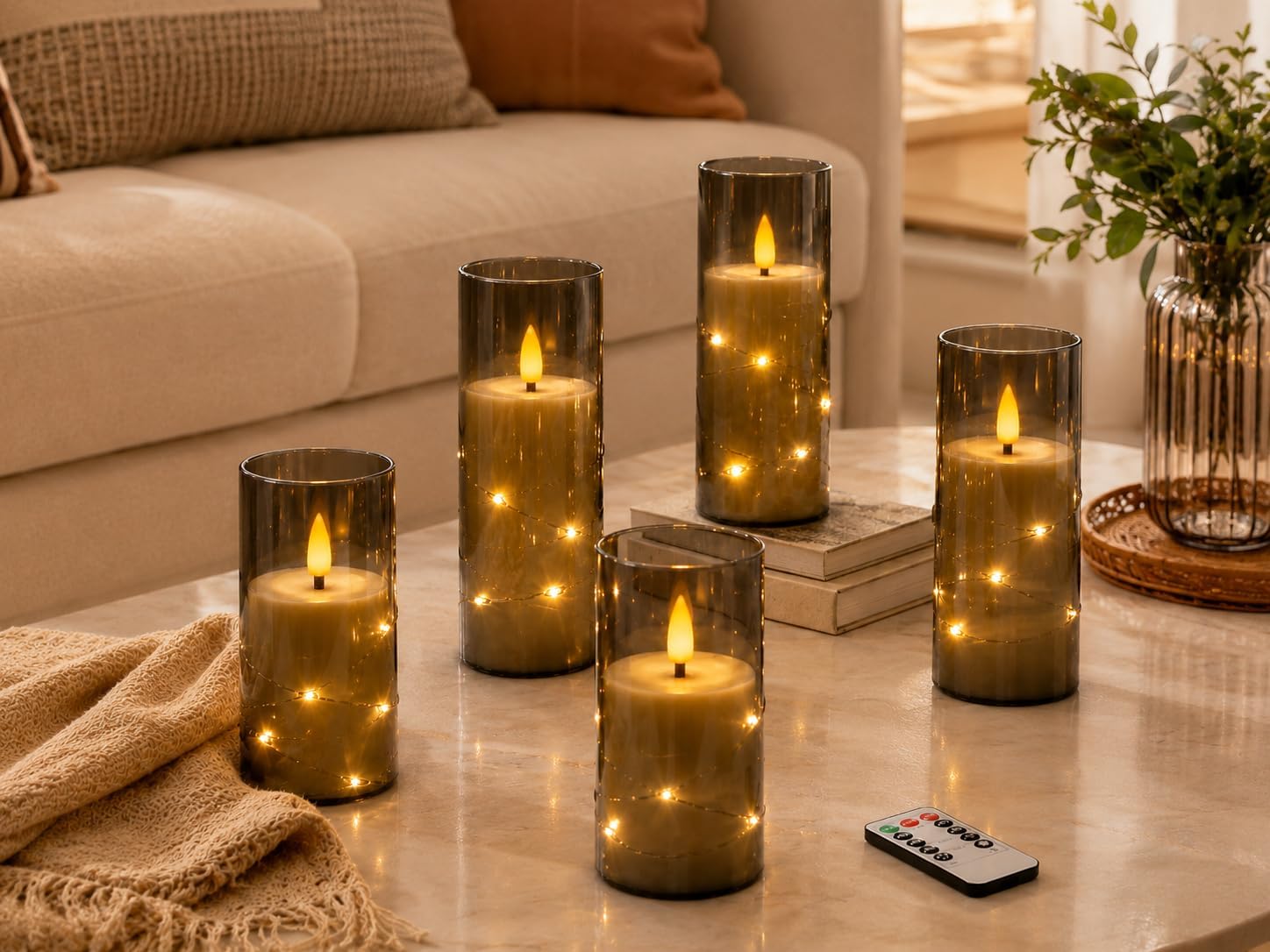 Detalle 2 de Da by 5 Candele LED Grigie con Luci Fatate Avvolgenti – set da 5 candele con telecomando