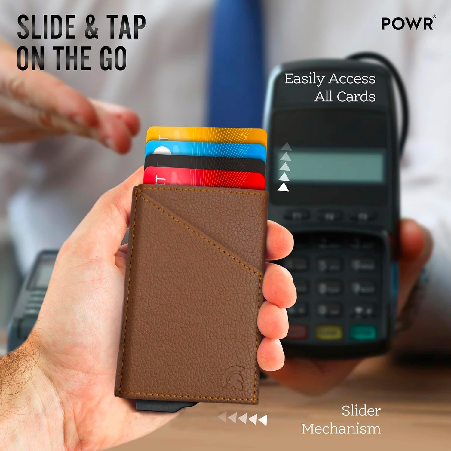 Detalle 2 de POWR porta carte RFID in metallo slim uomo con blocco RFID e portatessere pop-up