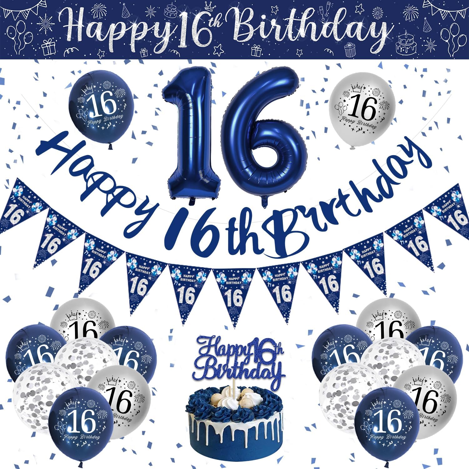 Detalle de VICTERR 16th Birthday Decorations for Boys – Blue & Silver Party Pack