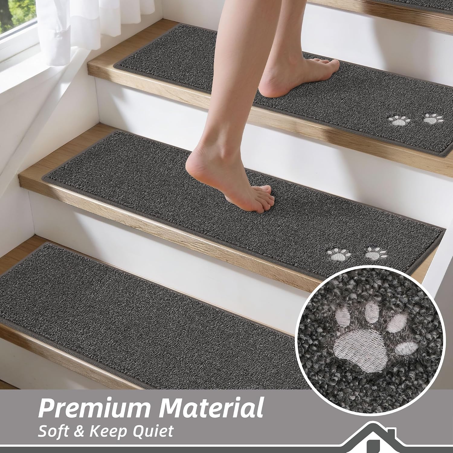 Thumbnail 6 de BEQHAUSE Stair Treads: 15 Non-Slip 22x70 cm Carpet Treads for Wood Stairs (Dark Grey), 100% Polyester