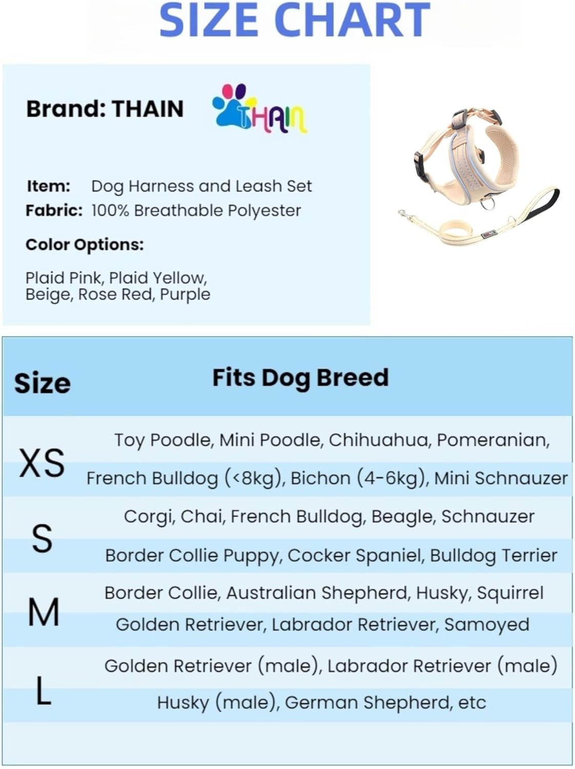 Thumbnail 1 de THAIN Reflective Dog Harness & Leash Set – No-Pull Design, Large (L), Beige
