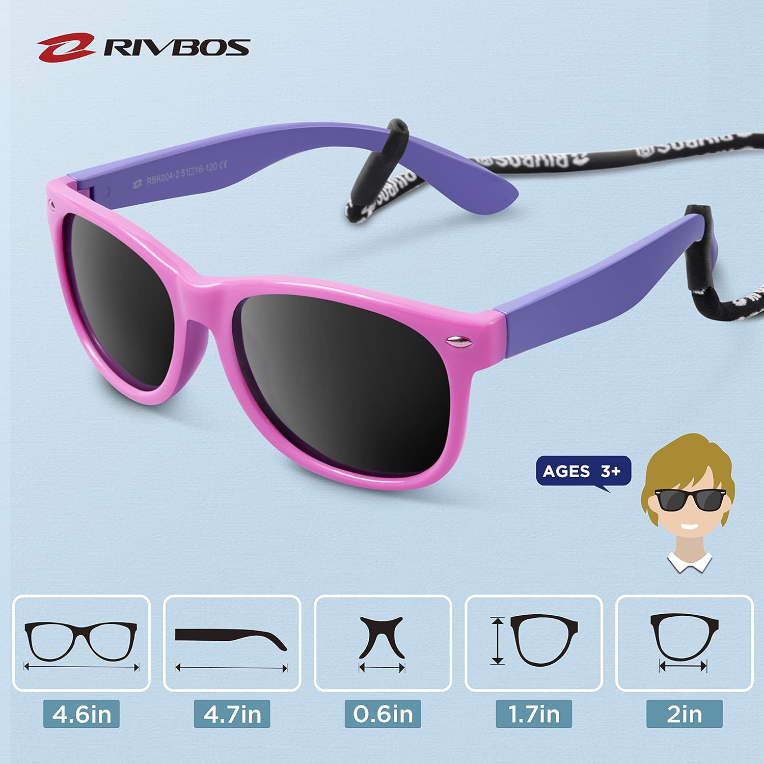 Thumbnail 4 de RIVBOS Kids Sunglasses RBK004-2 with Polarised Lenses, UV Protection and Glasses Strap (age 3–10)