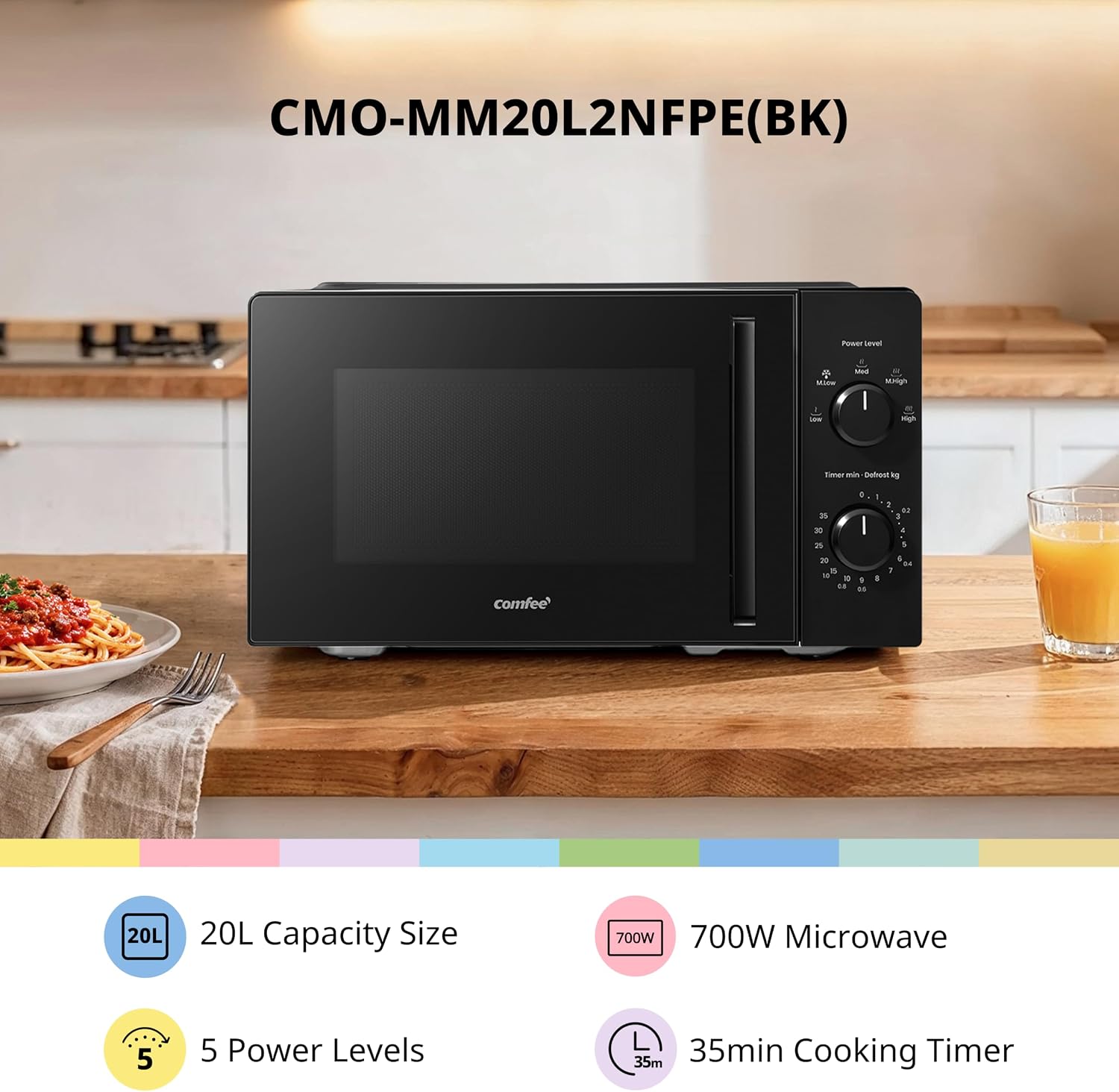Thumbnail 1 de COMFEE' 20L Compact Black Microwave Oven (700W) – Manual Dial Control, 5 Power Levels