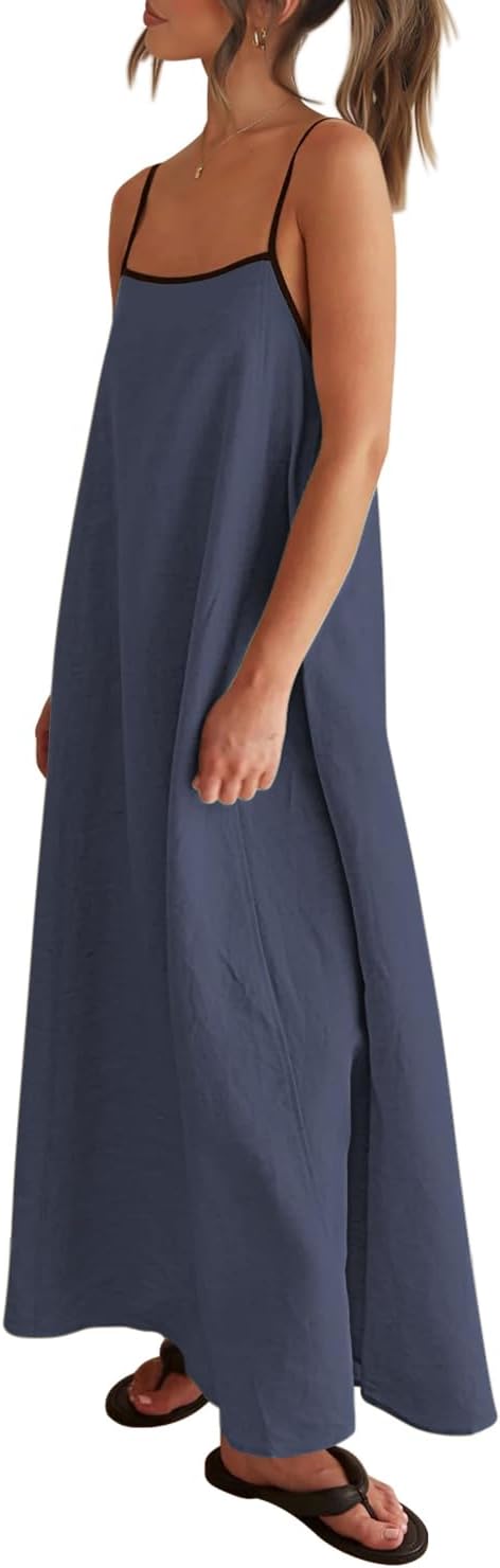 Detalle de Shy Velvet Women's 2026 Summer Linen Maxi Dress with Contrast Trim