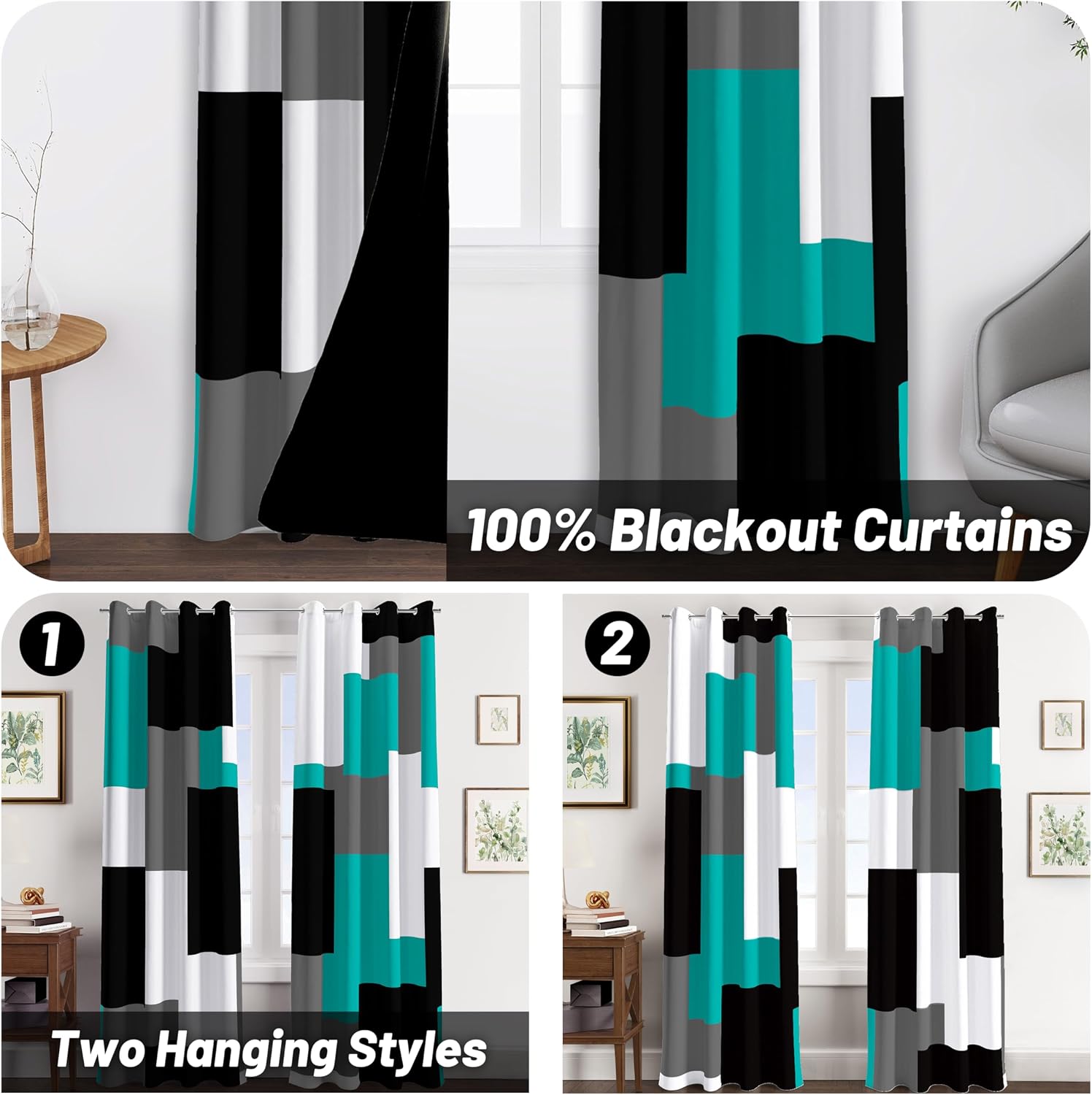 Detalle 2 de Tyrot Teal/Turquoise 100% Blackout Curtains, 52Wx84L (2-Panel Set)