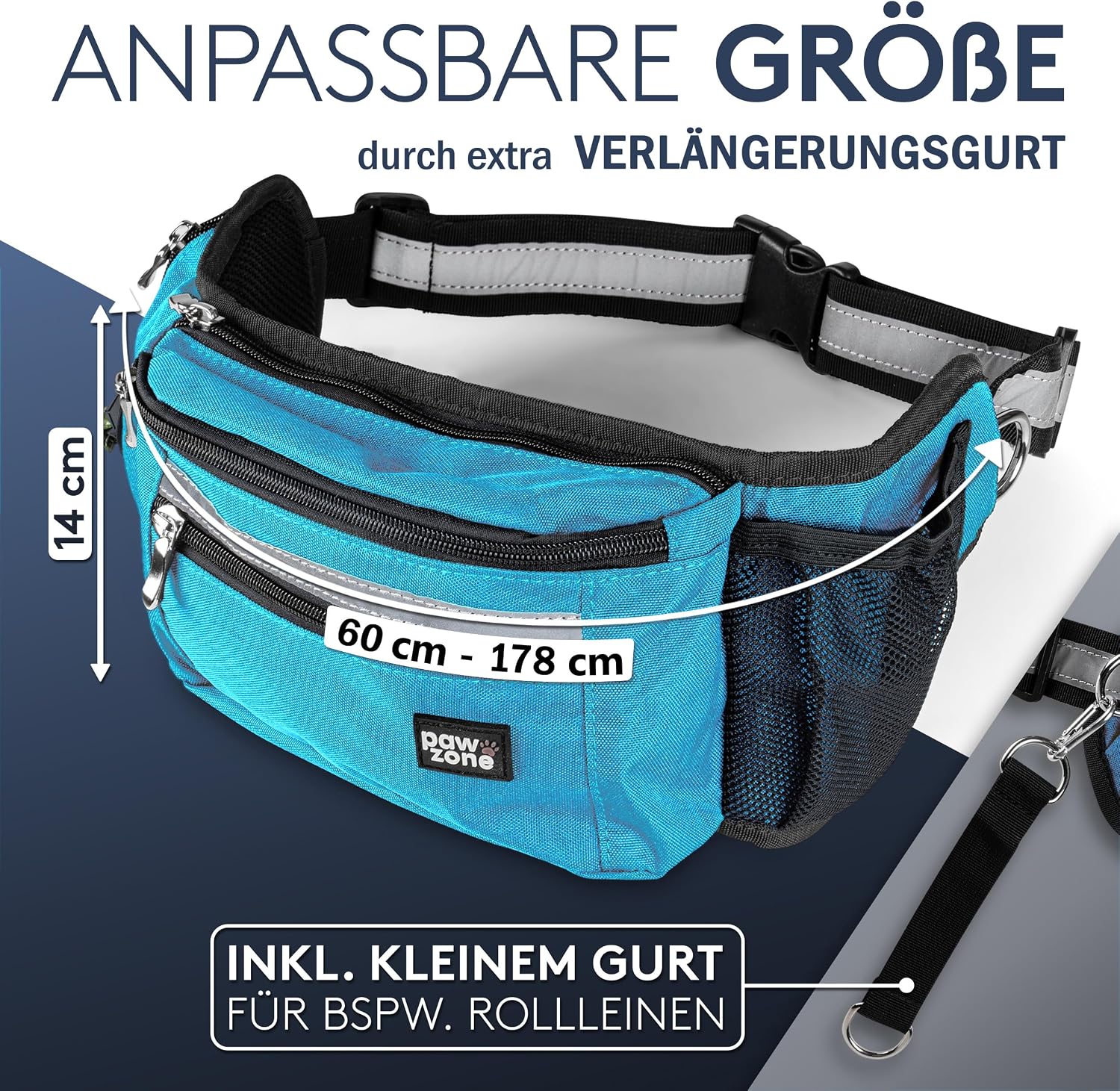 Detalle 2 de PAWZONE Leckerlibeutel für Hunde mit Hüftgurt, Reflektorband und Zusatzgurt (Azurblau)
