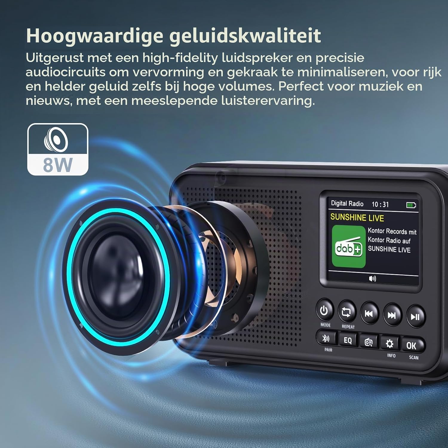 Detalle de ROCAM CR1031DAB draagbare DAB+/FM-radio met 3.000 mAh-accu en kleurenscherm