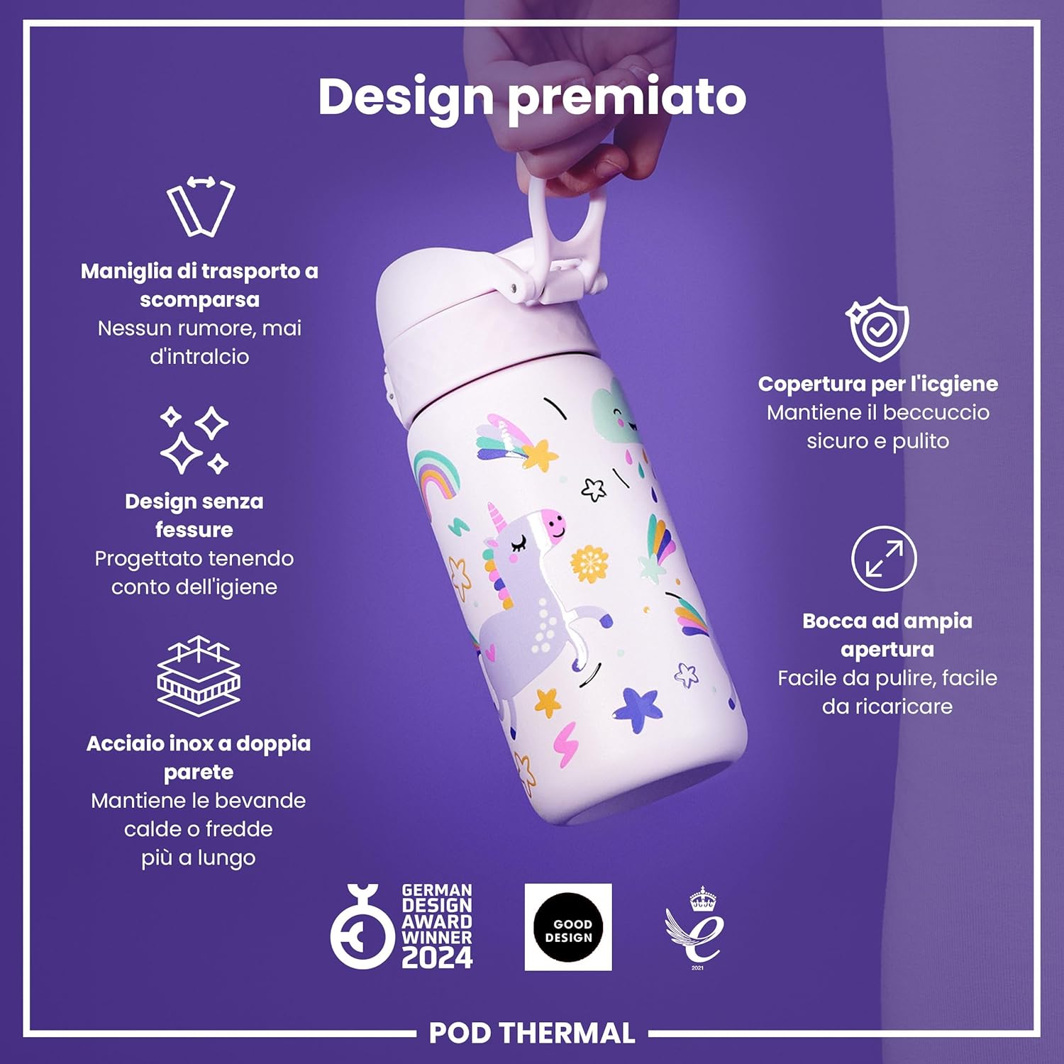 Detalle 2 de Ion8 Borraccia Termica in Acciaio Isolato 320 ml – Unicorn Rosa, a prova di perdita