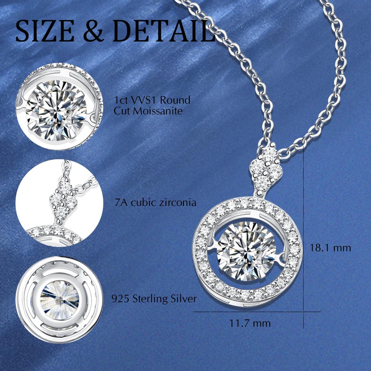 Detalle de FANCIME Moissanite Kette mit 1 Karat Moissanit-Halo-Anhänger (925 Sterling Silber) – Rund, 40+5 cm