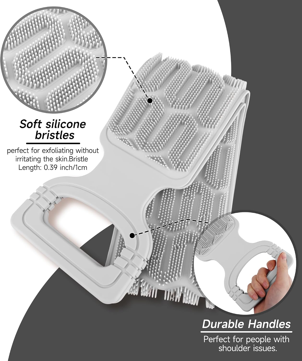 Detalle de Mabnuby Silicone Back Scrubber with Handles, Grey, 87 cm
