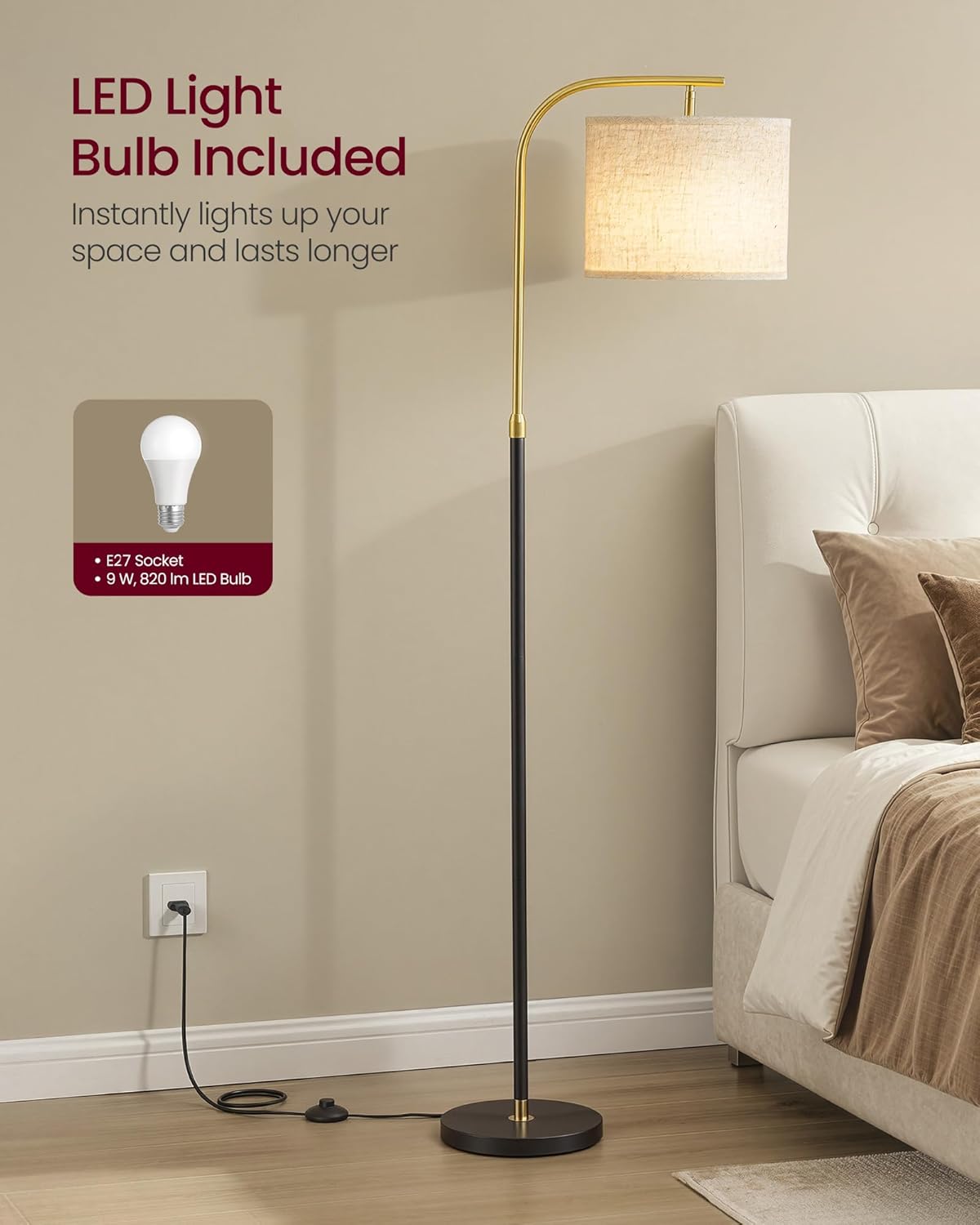 Detalle de VASAGLE Arc Floor Lamp LFL006BD03 – Adjustable 150–175 cm with Fabric Shade and E27 Socket