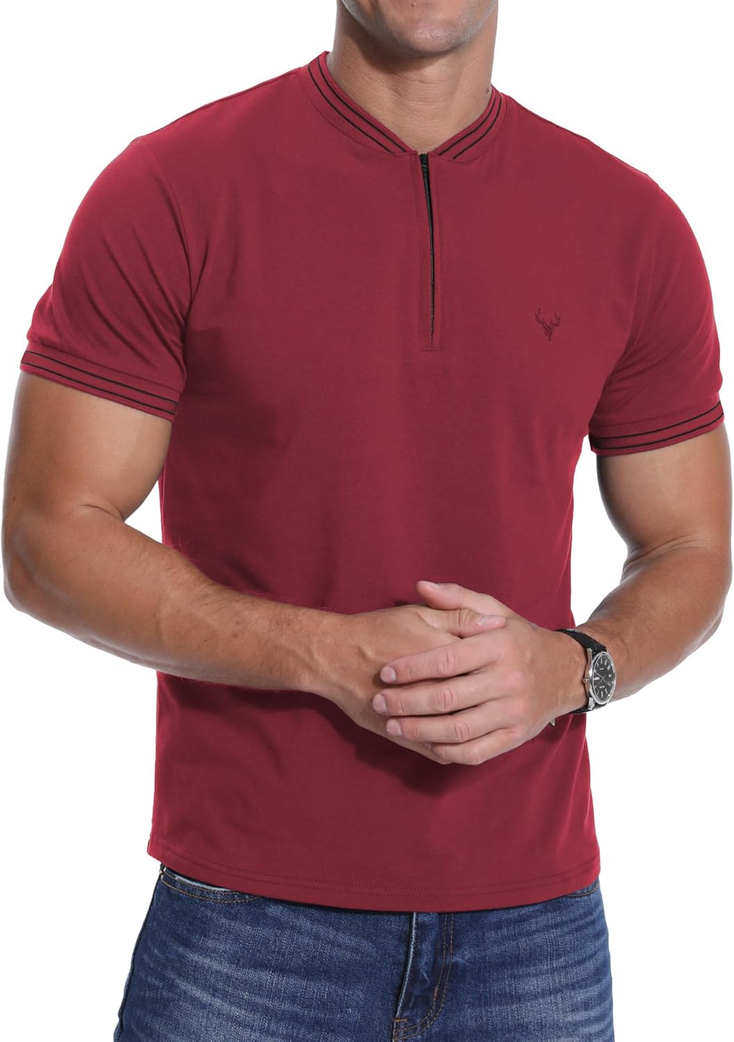Detalle de PCEAIIH Men's Henley T-Shirt with Zip Stand Neck and Deer Head Embroidery