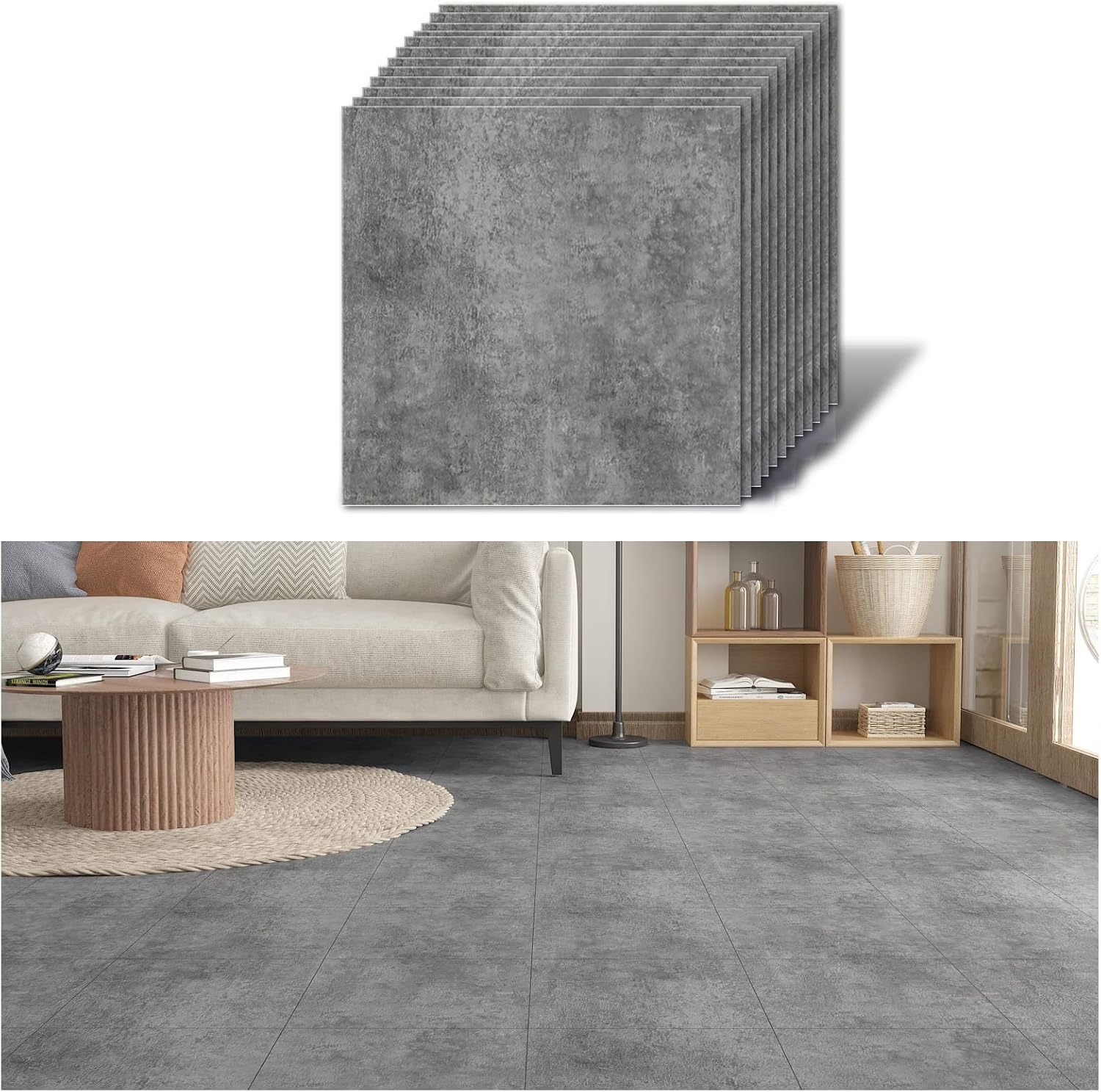 Detalle de VEELIKE Grey Self-Adhesive Vinyl Floor Tiles (30x30cm, 12 Pieces) – Waterproof & Easy to Install