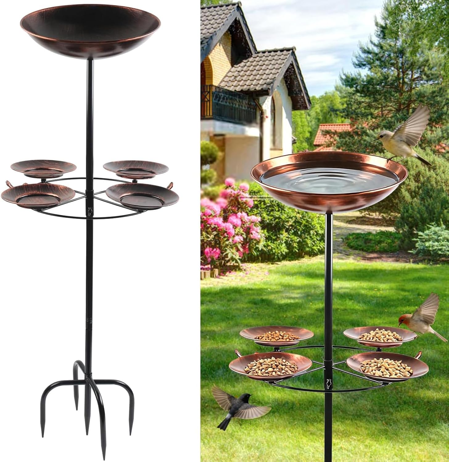 Detalle de 42In Bird Bath with Feeder for Garden – Vintage Stainless Steel Standing Bath & 4-Tray Feeder