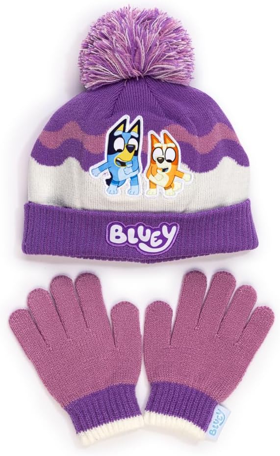 Detalle de Bluey Girls Winter Hat and Gloves Set – Toddler Beanie with Pom Pom + Matching Knit Gloves