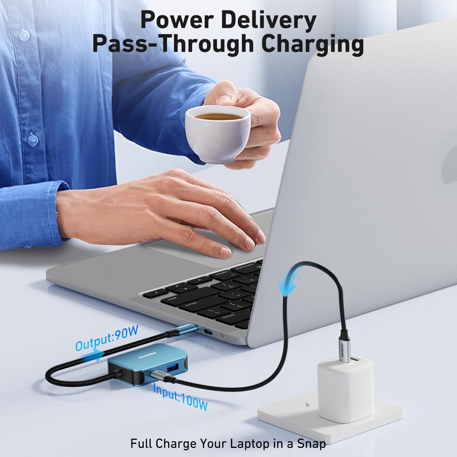 Detalle de BENFEI USB C HUB 4in1 mit HDMI, VGA, USB 3.0 und 60 W Power Delivery – blau
