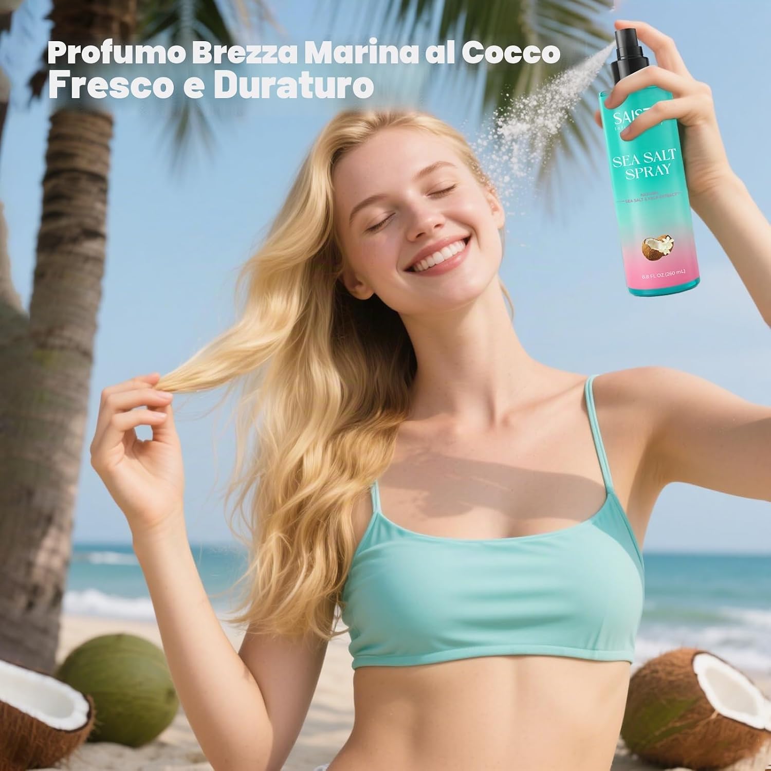 Detalle de SAISZE Spray al sale marino per capelli: viaggio e spiaggia con finish leggero al cocco