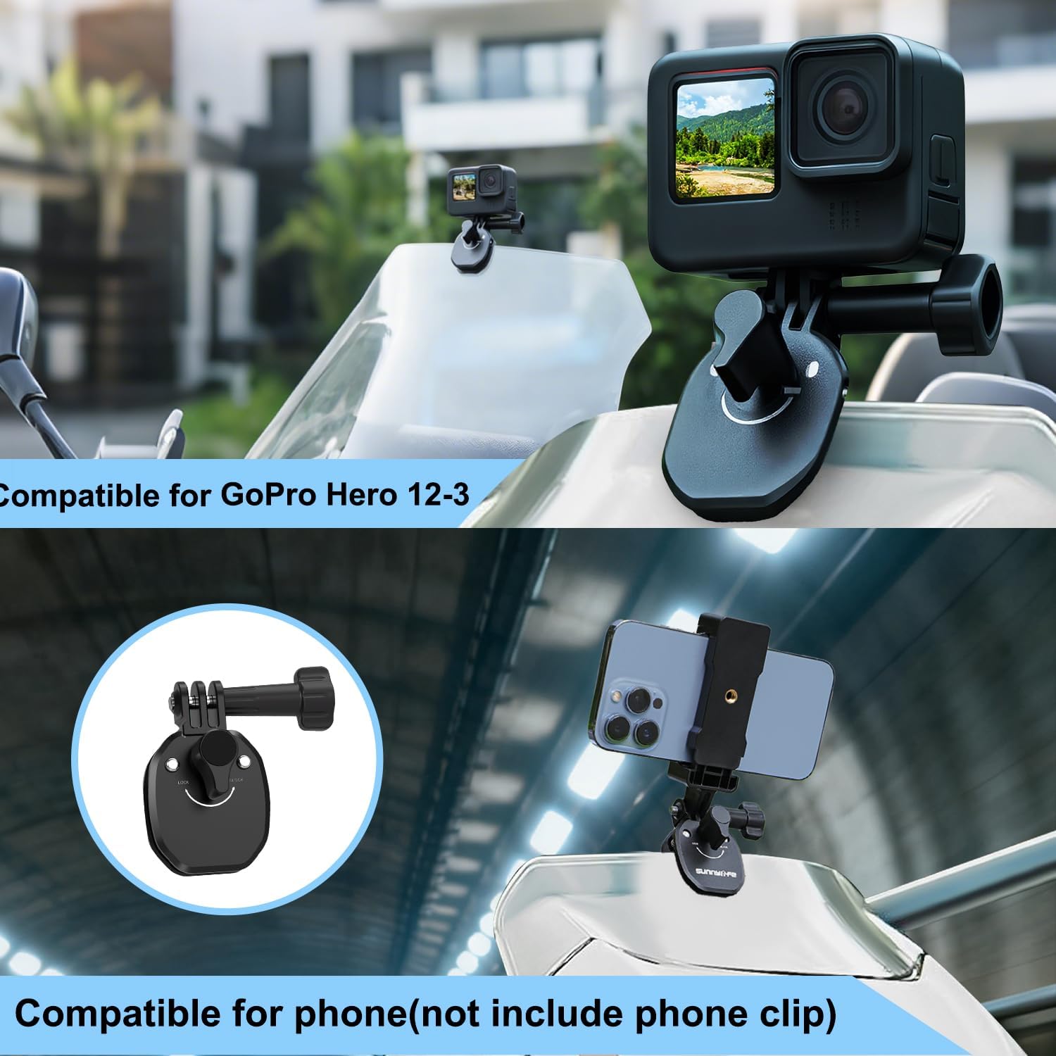 Detalle de HAFOKO Motorcycle Windshield Mount for Action Cameras – CNC Aluminium Clip, 180° Adjustment