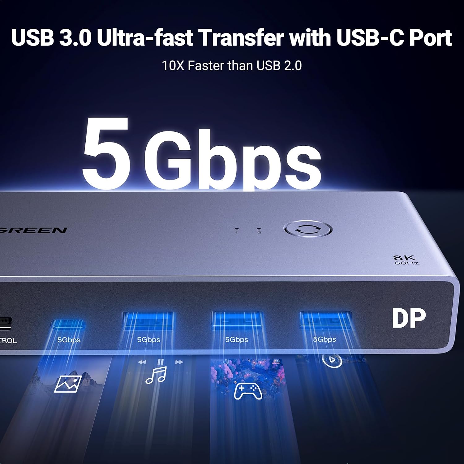 Detalle 1 de UGREEN DP KVM-switch voor 2 pc’s, 8K@60Hz en 4 USB 3.0-poorten