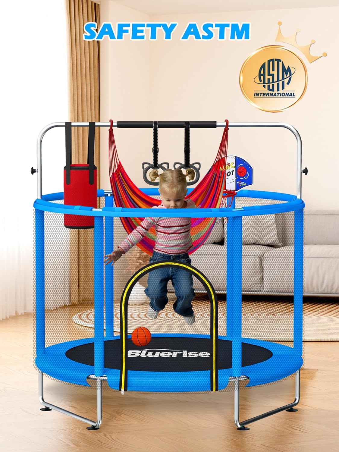 Detalle de BLUERISE 60" Trampoline for Kids with Adjustable Gymnastics Bar & Safety Net