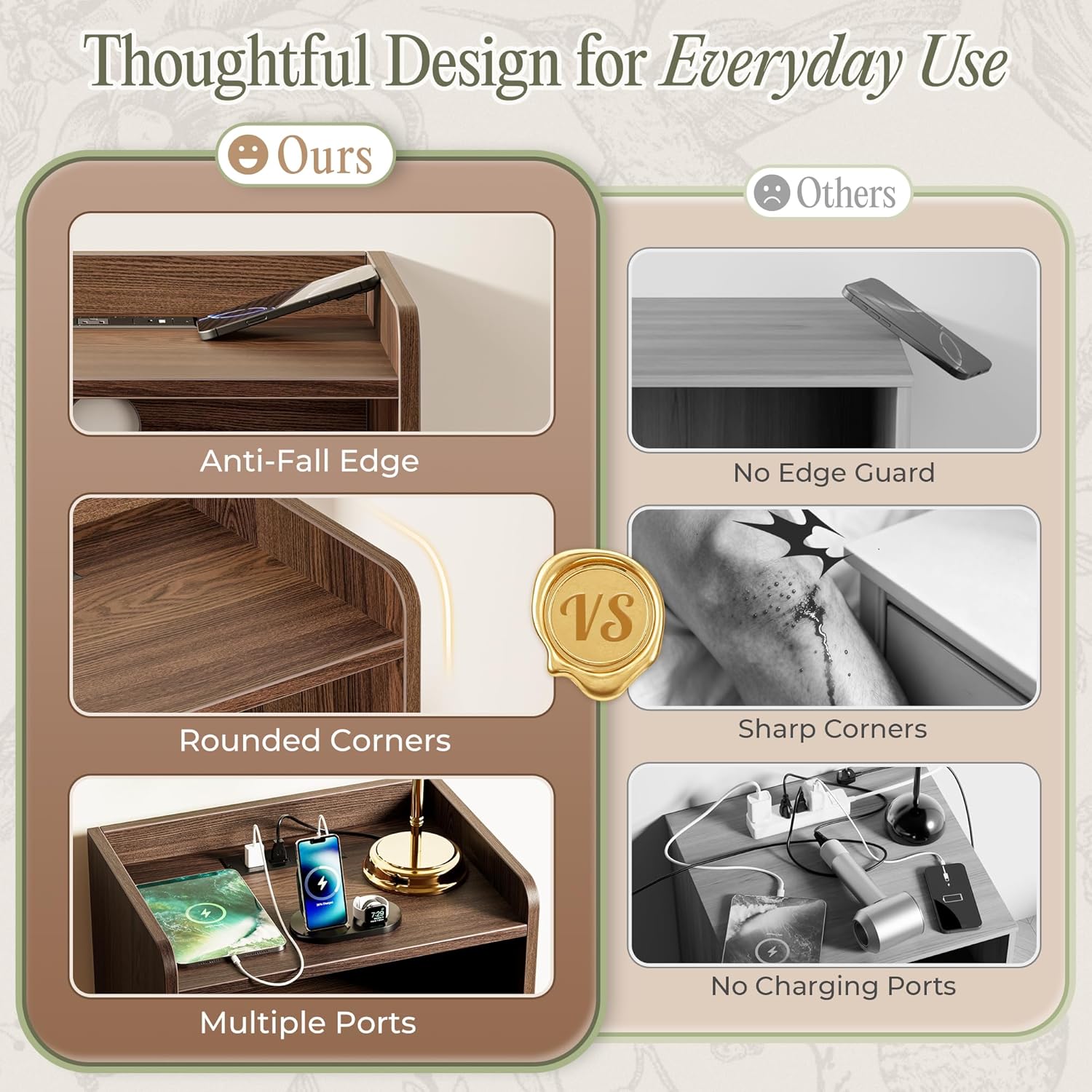 Detalle de Huuger Set of 2 Nightstands with Charging Station, USB-C, Walnut Fluted Drawer