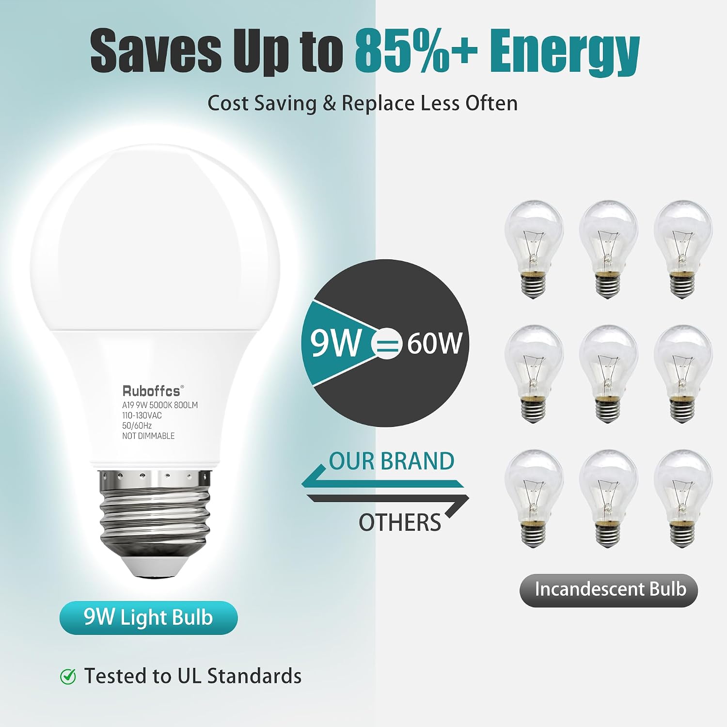 Detalle de Ruboffcs R-A19-9W A19 LED Bulbs, 5000K Daylight, 800 Lumens, 6-Pack