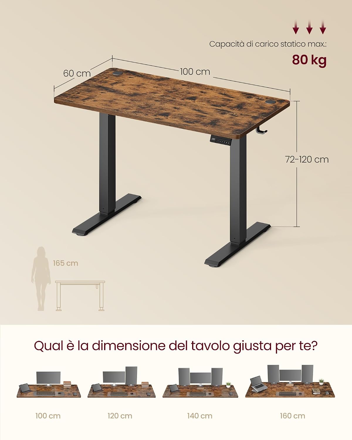 Detalle de VASAGLE Scrivania Regolabile in Altezza Elettrica LSD310KD03 100 x 60 cm – Marrone Vintage