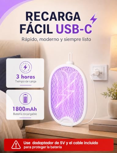 Thumbnail 6 de ZOVHYYA Raqueta Antimosquitos 4000V 3 en 1 USB-C Recargable con Luz LED