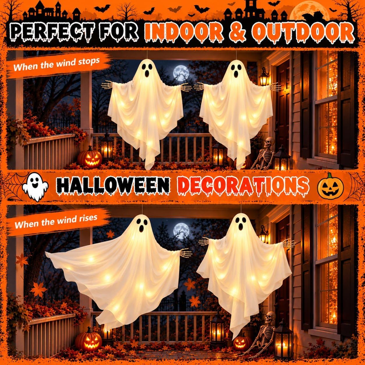 Detalle 2 de Dusk&Decorum 1212 4-Foot Lighted Hanging Ghosts, 2-Pack with Remote