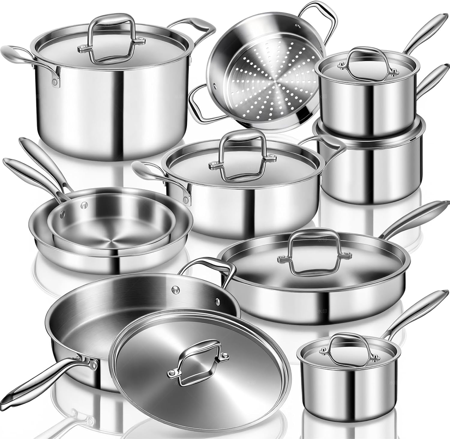 EWFEN 17-Piece 3-Ply Stainless Steel Cookware Set
