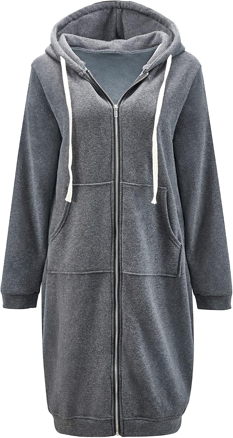 Detalle de Reimferce Women's Long Zip-Up Hoodie, Red Polyester Tunic with Pockets