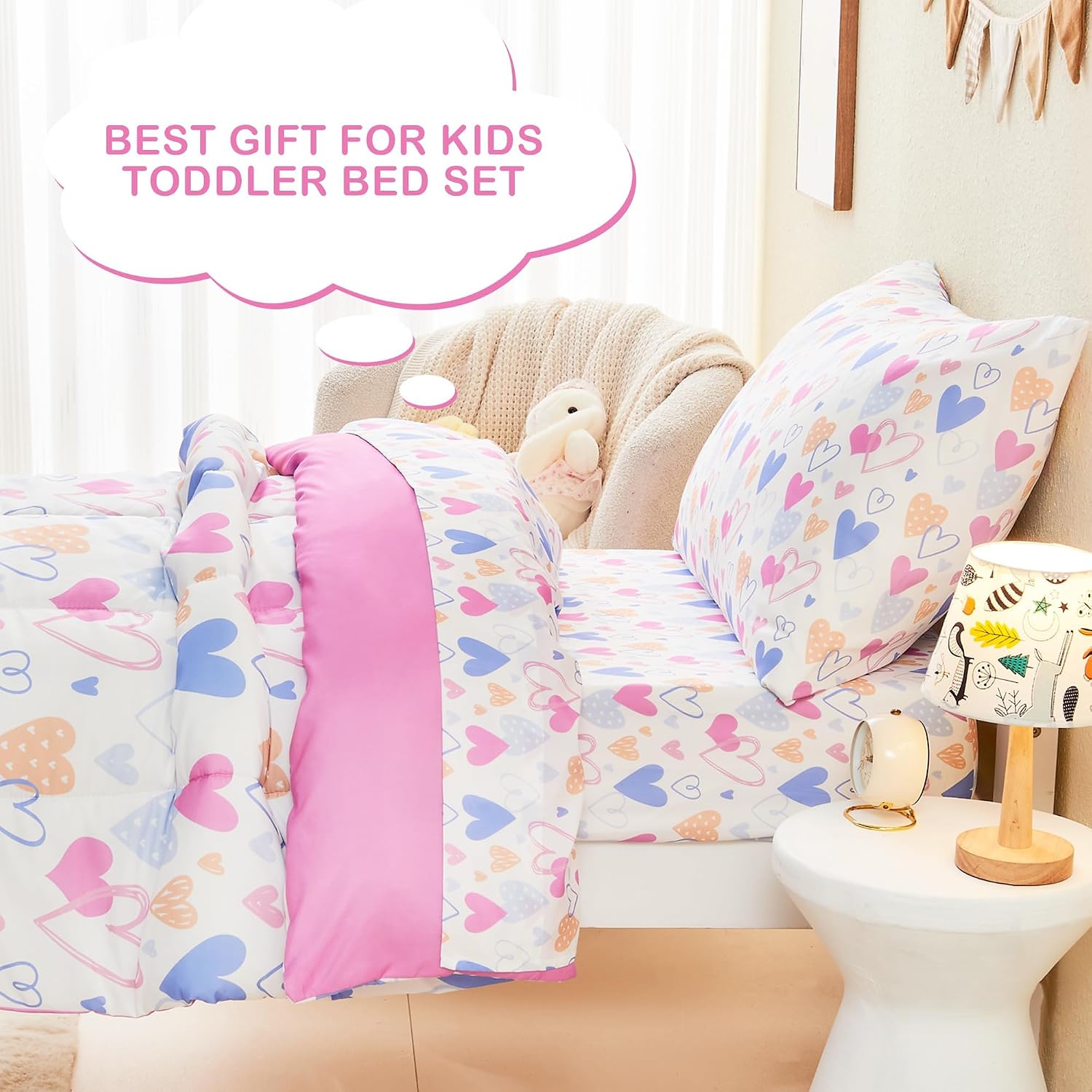 Thumbnail 6 de Mooreeke Toddler Bedding Set, 4-Piece Pink Heart Print Microfiber