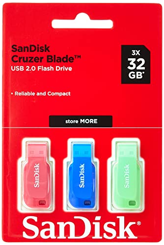Detalle de SanDisk Cruzer Blade 32GB USB Flash Drive – Pack de 3 unidades en Azul/Rosa/Verde
