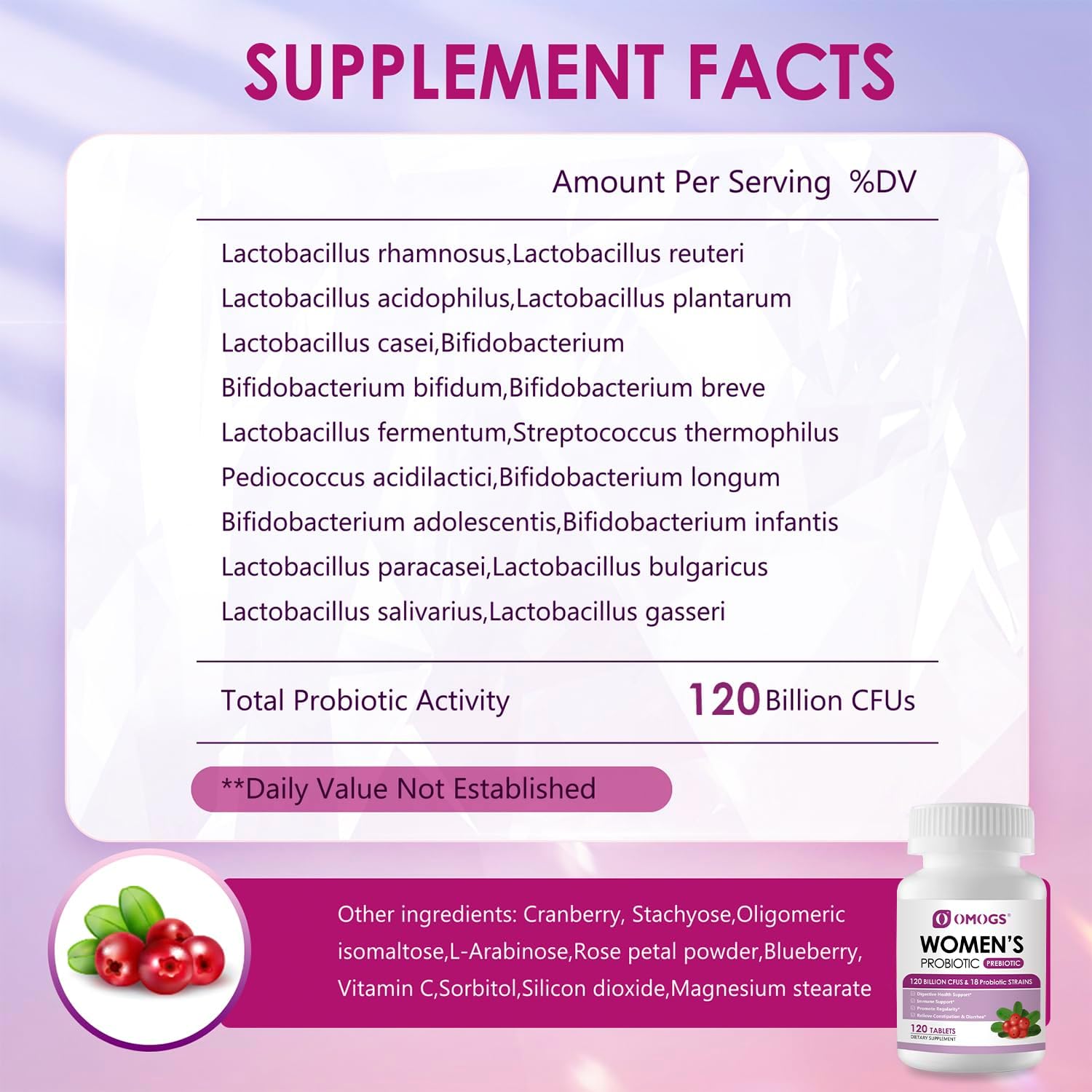 Detalle 2 de OMOGS Women's Probiotic Tablets with Cranberry, Prebiotics, Vitamin C & 18 Strains