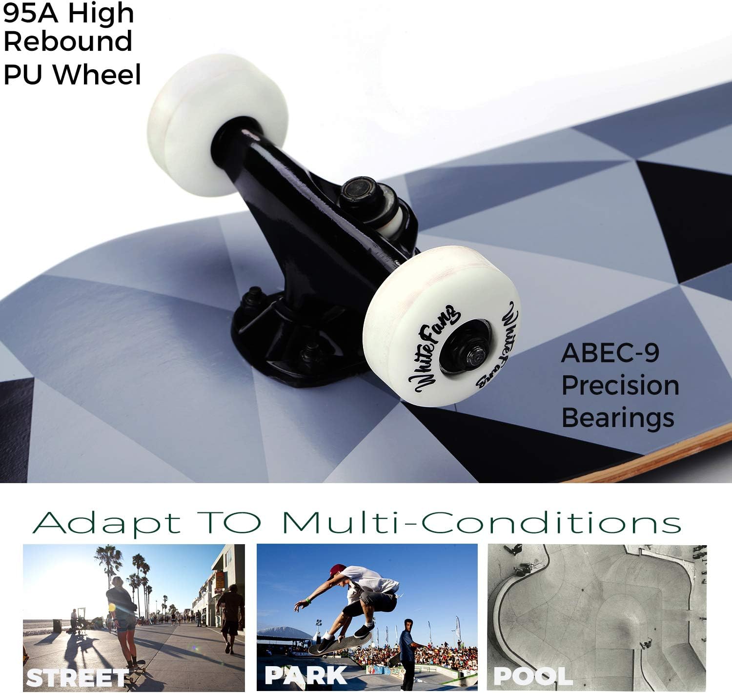 Detalle 2 de WhiteFang 31 x 7.88" Beginner Complete Skateboard (7-Layer Canadian Maple, Double Kick)