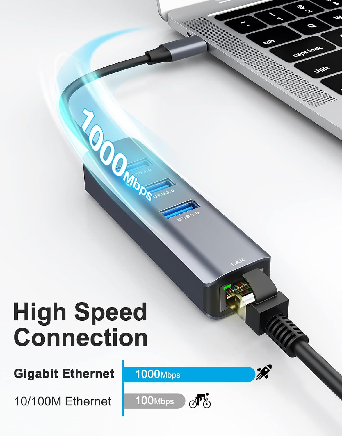 Detalle 2 de ABLEWE USB-C to Ethernet Adapter (4-in-1) with RJ45 Gigabit LAN + USB 3.0 Ports