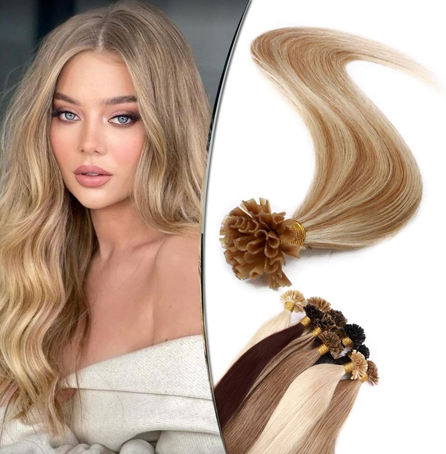 Detalle de SEGO Bondings Extensions de cheveux humains – 50 mèches U-Tip Remy, blond miel / blond clair (#18P613), 50 cm