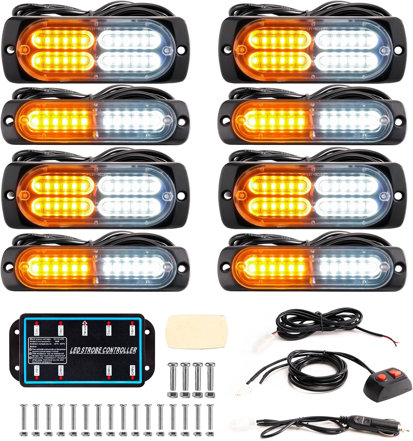BooYu 8-pcs Sync Feature LED Emergency Strobe Lights Bar w/ Controller (Amber/White)