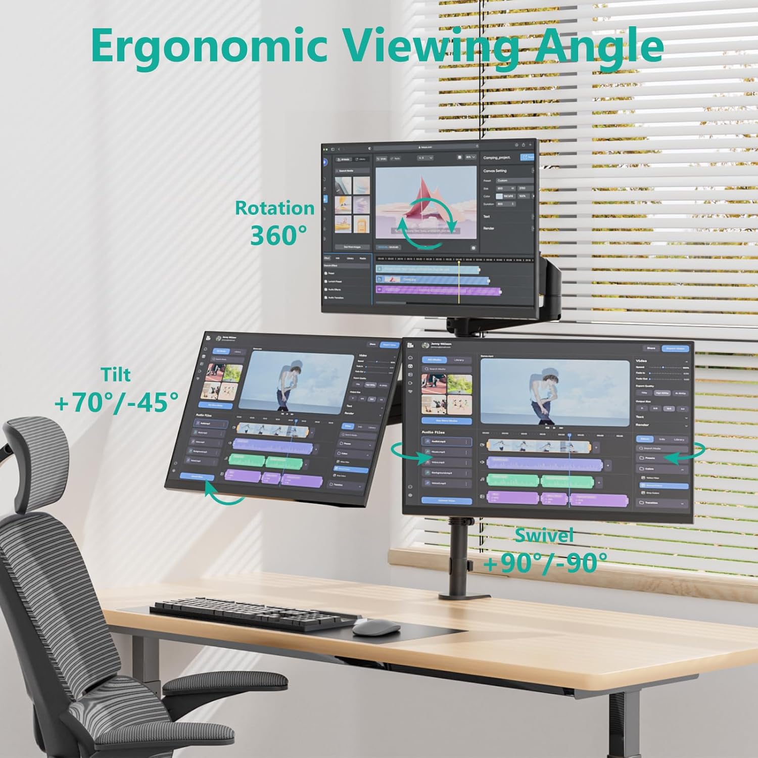 Detalle de WALI triple monitor mount for 13–32 inch screens (GSDM003XL) with gas spring arms, black