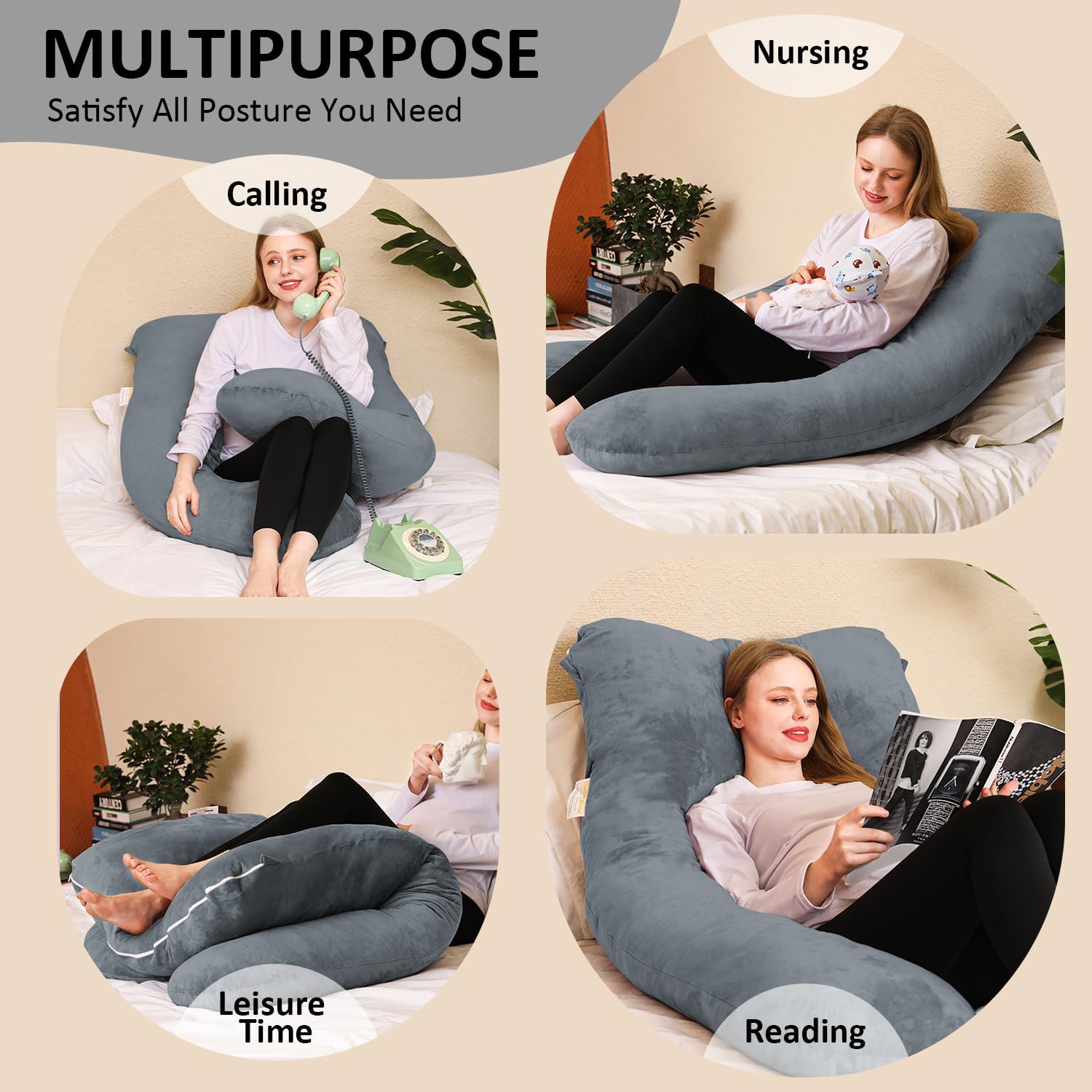 Detalle de Chilling Home 55-inch U-Shaped Pregnancy Pillow with Velvet Cover