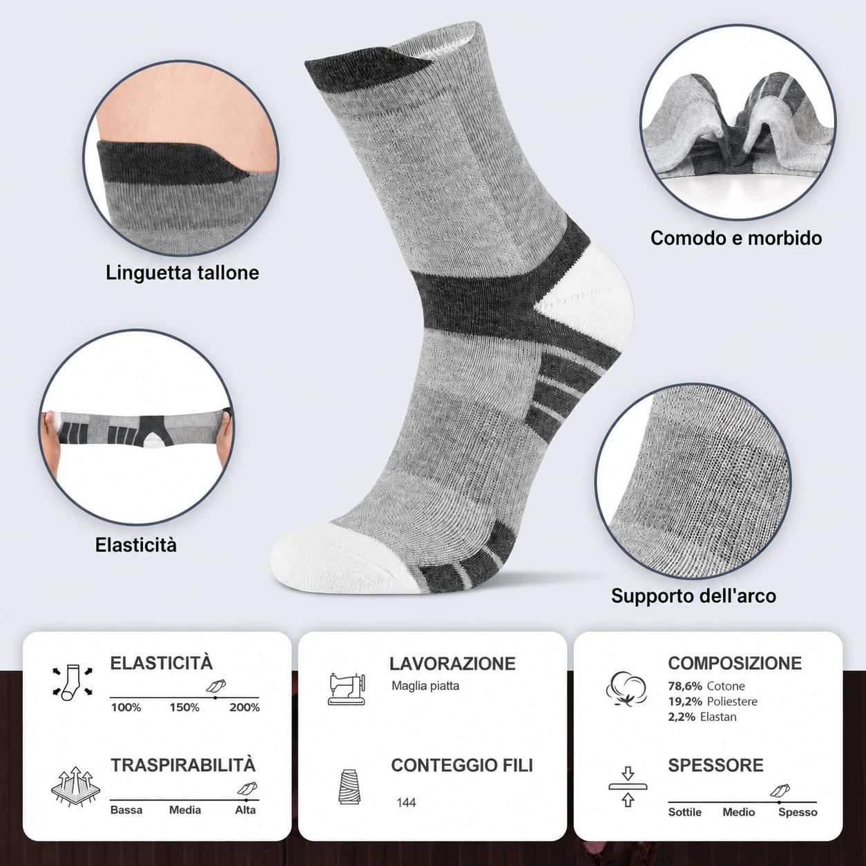 Detalle de Niofind Calzini Uomo – 6 Paia di Calze sportive antiscivolo, traspiranti e ammortizzate per trekking, running e ciclismo