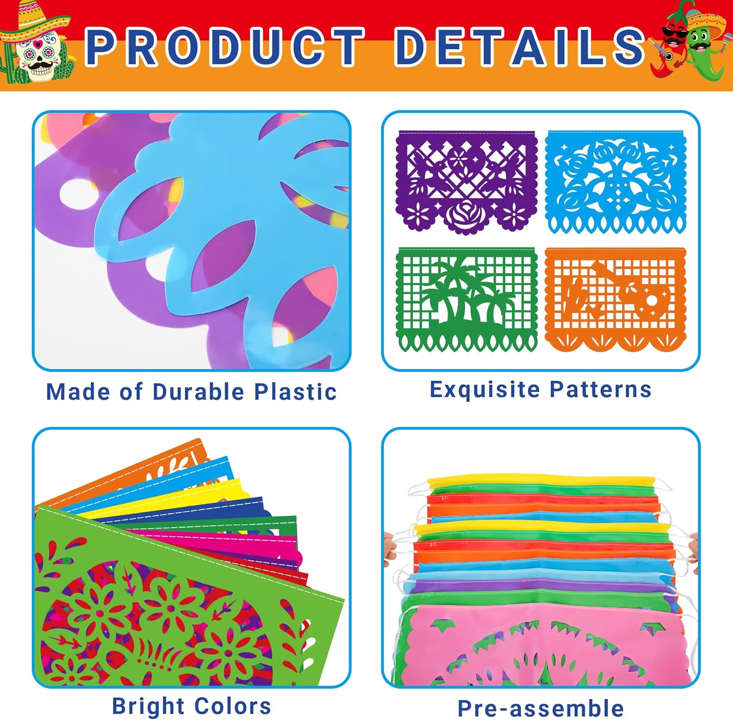 Thumbnail 2 de 18 FT Cinco De Mayo Party Decorations Banner with 9 Plastic Papel Picado Flags