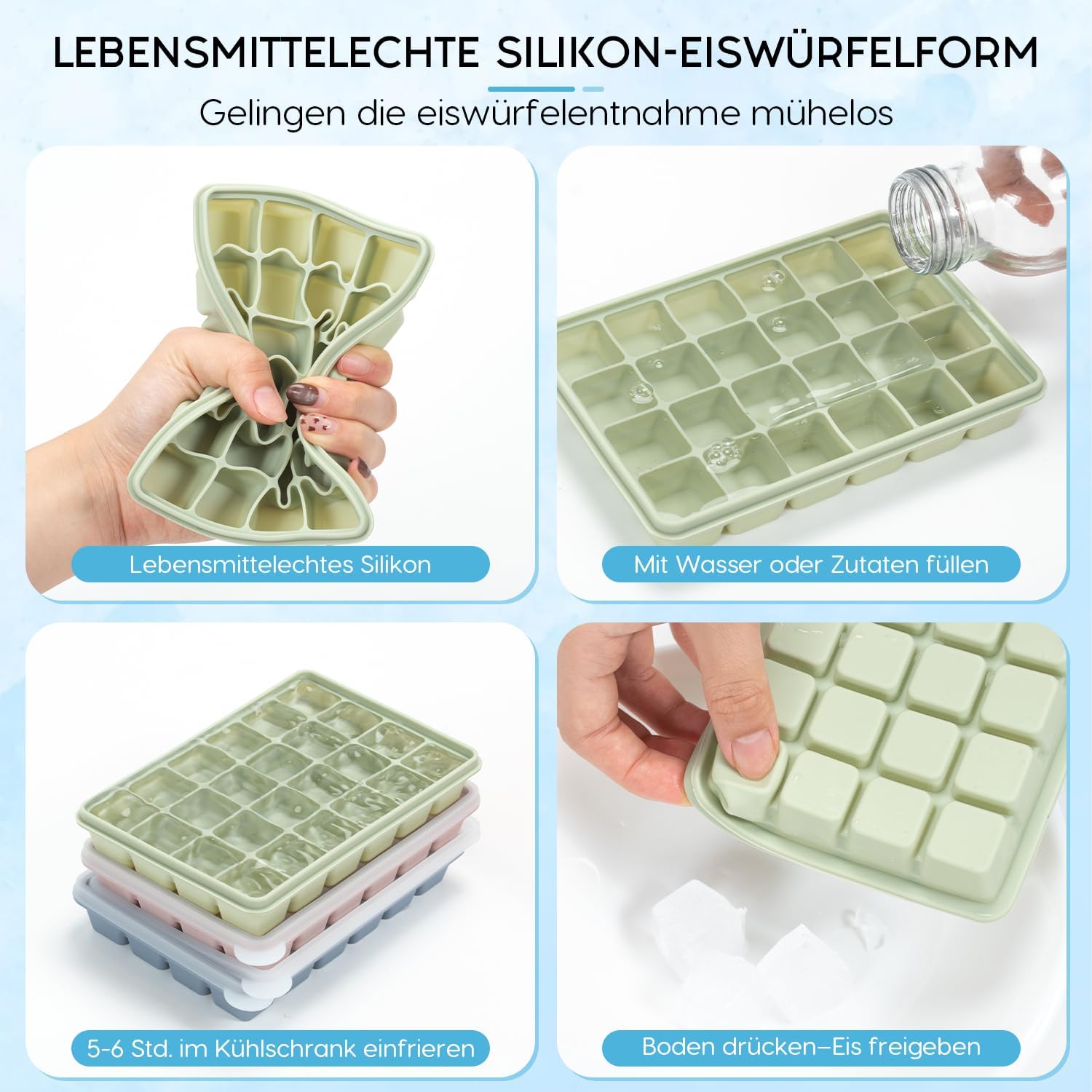 Thumbnail 4 de Eiswürfelbehälter mit Deckel – 24 Fächer, Silikon, BPA-frei, 3 Stück (2x2x2 cm) – wiederverwendbar